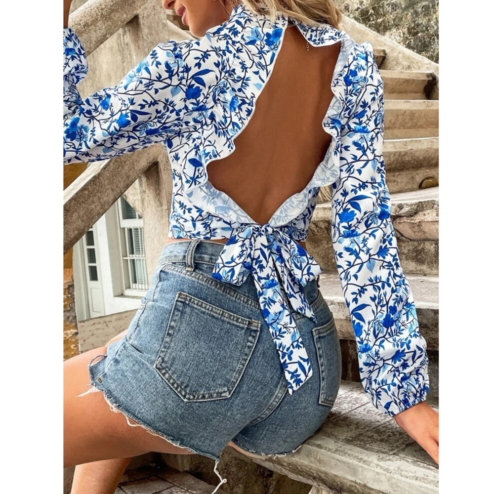 Boho Floral Open Back Tie Blouse